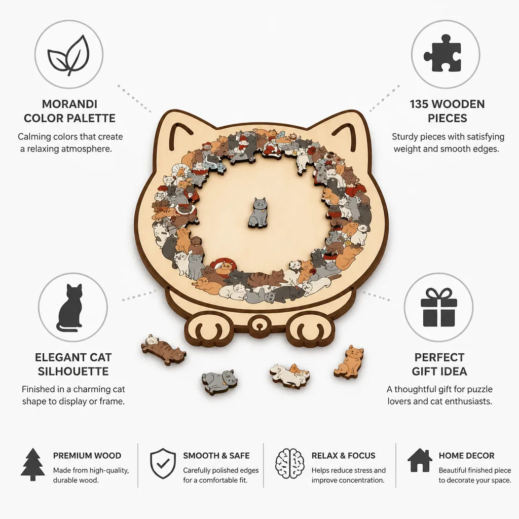 Wooden Puzzle Cat Silhouette Morandi Colors 135 Pieces