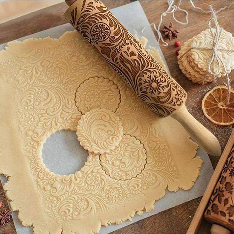 Wooden Rolling Pin Embossed Pattern Cookie Dough Roller