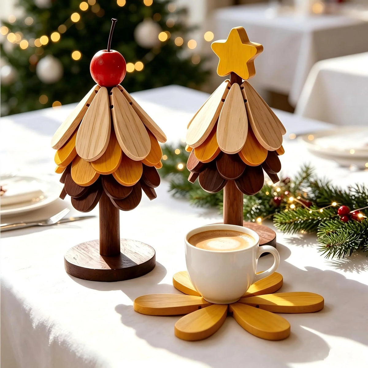Wooden Tree Figurine Colorful Leaf Design Sustainably Treated Wood