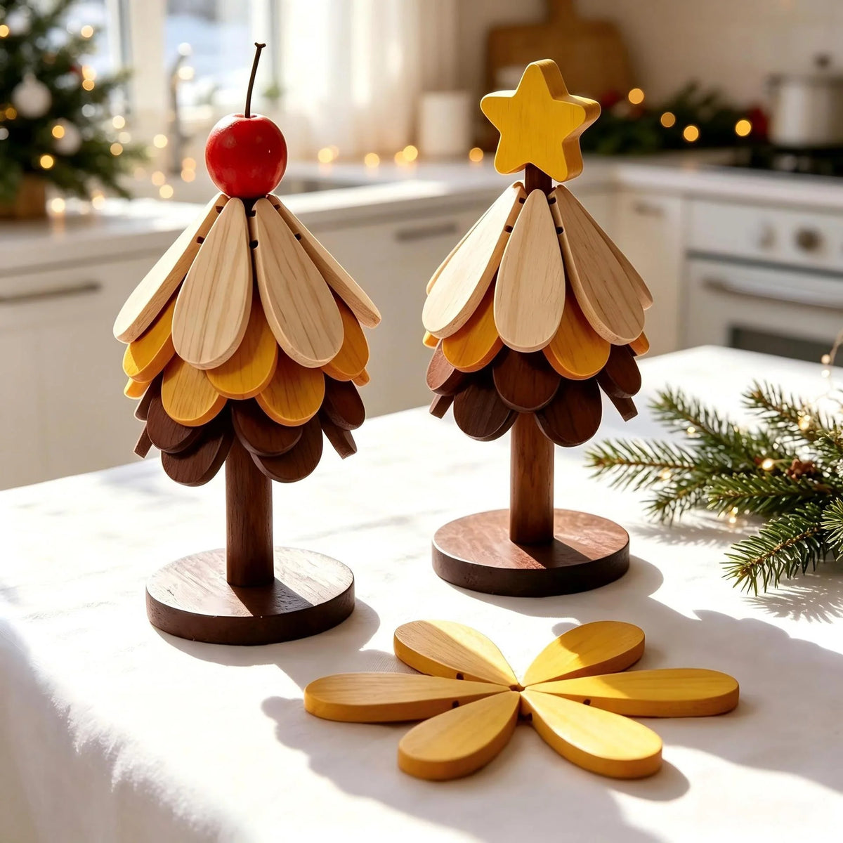 Wooden Tree Figurine Colorful Leaf Design Sustainably Treated Wood