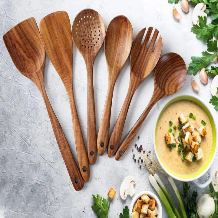 Wooden Utensil Set Teak Nonstick-Safe Set of 6