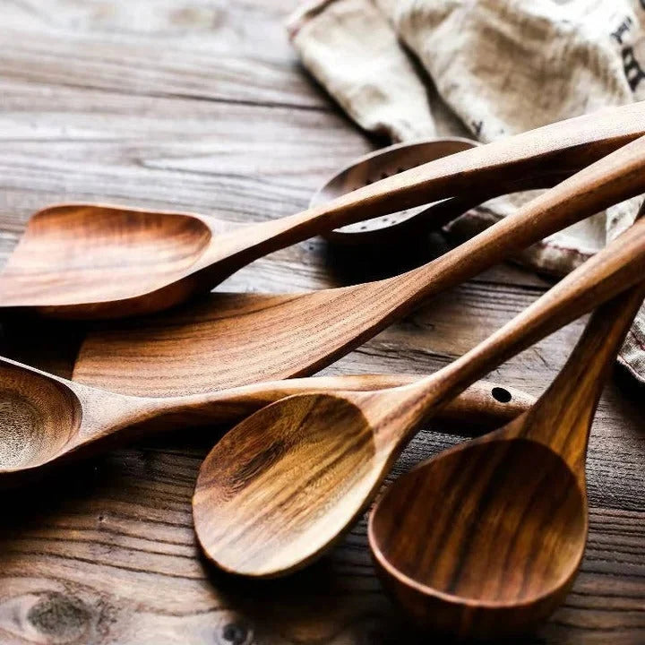 Wooden Utensil Set Teak Nonstick-Safe Set of 6