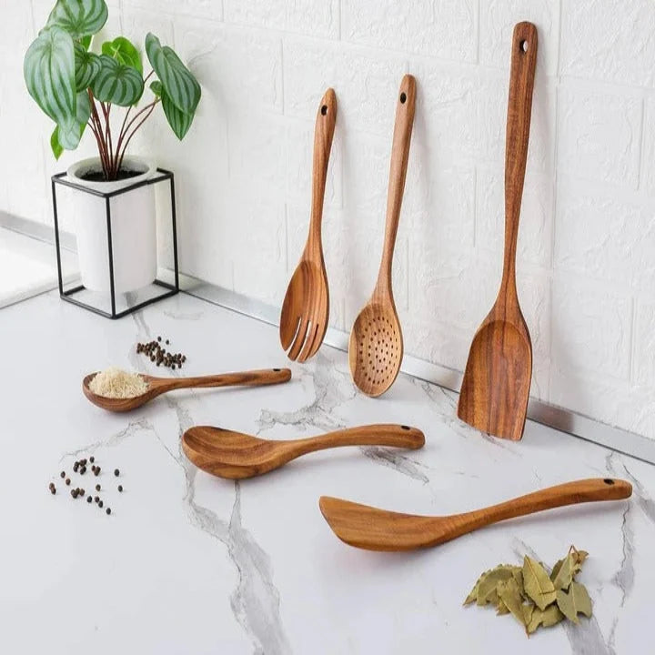 Wooden Utensil Set Teak Nonstick-Safe Set of 6