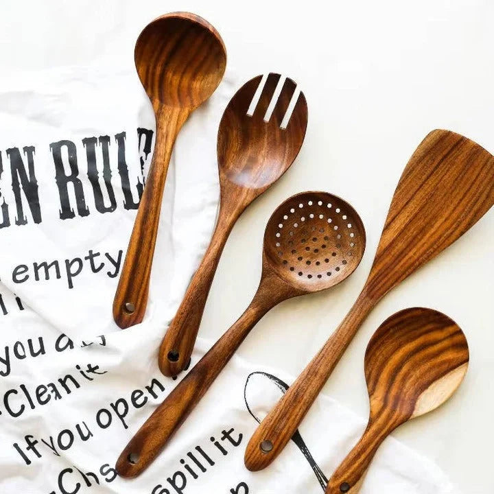 Wooden Utensil Set Teak Nonstick-Safe Set of 6