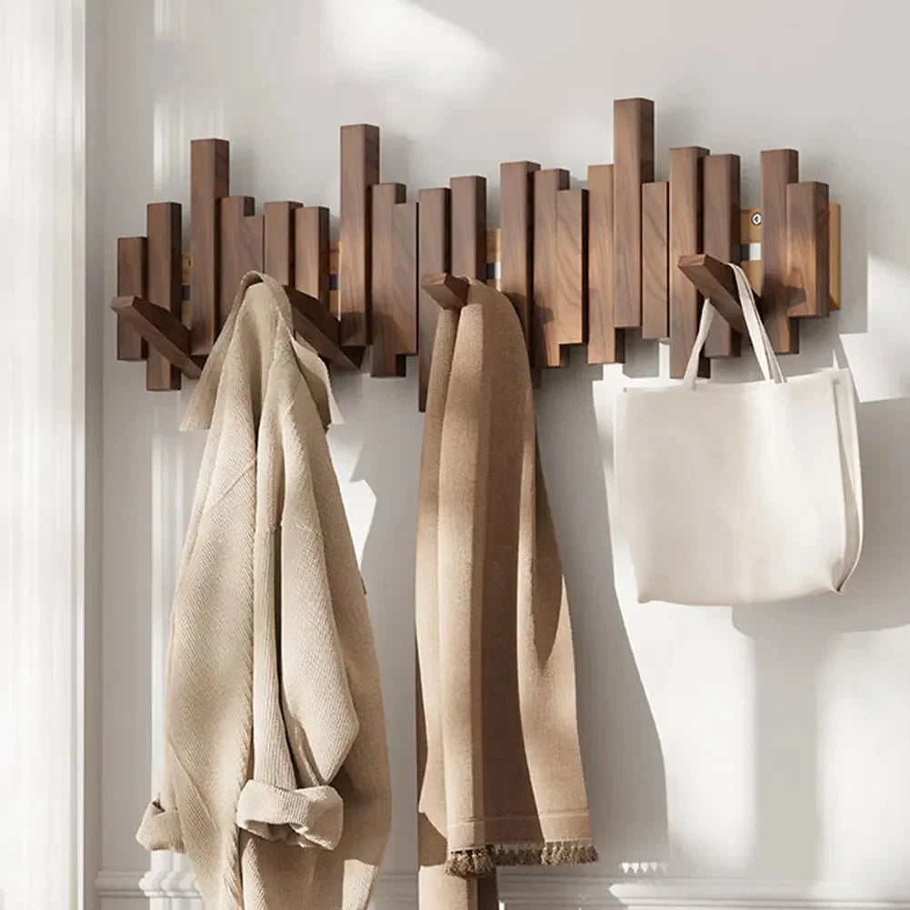 Wooden Wall Coat Rack Folding Hooks Space-Saving Up to 10 Hooks