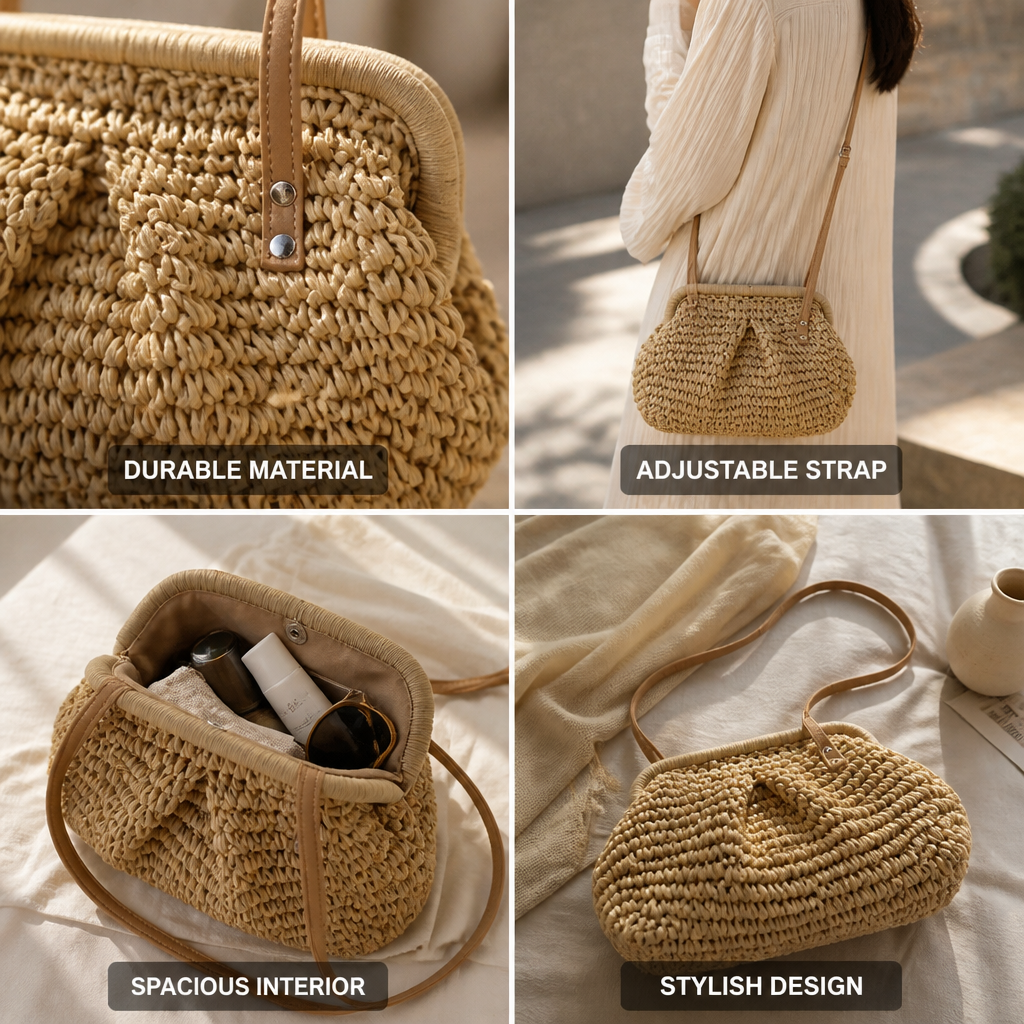 Woven Natural Fiber Adjustable Shoulder Bag