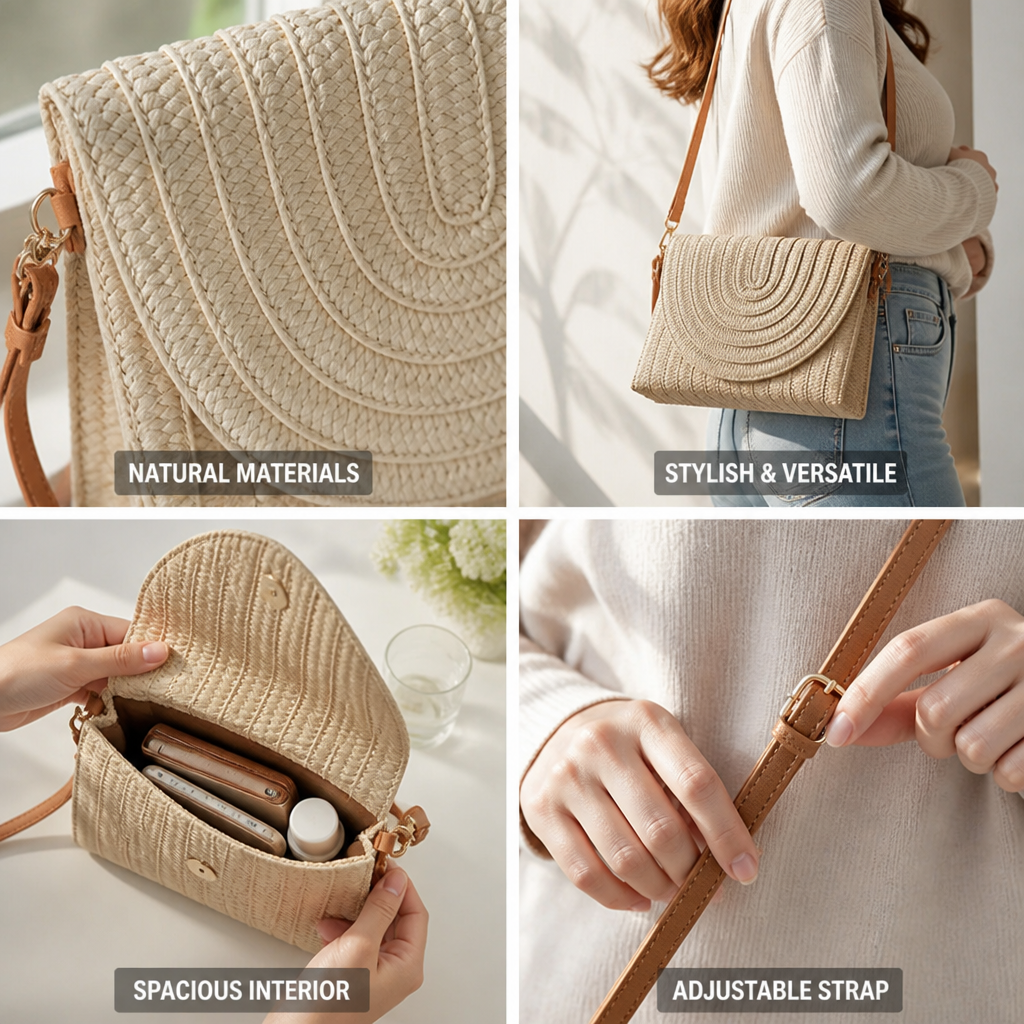 Woven Natural Fiber Round Flap Crossbody Bag (Adjustable Strap)