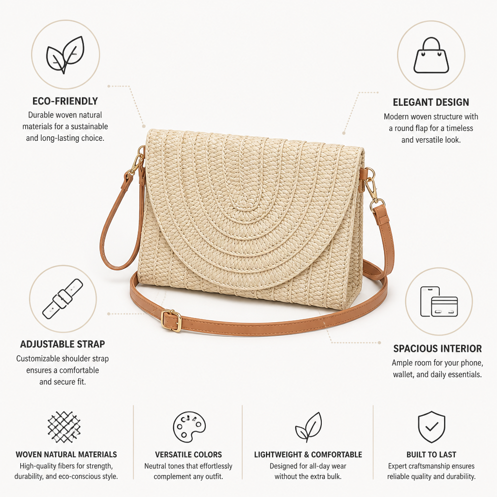 Woven Natural Fiber Round Flap Crossbody Bag (Adjustable Strap)