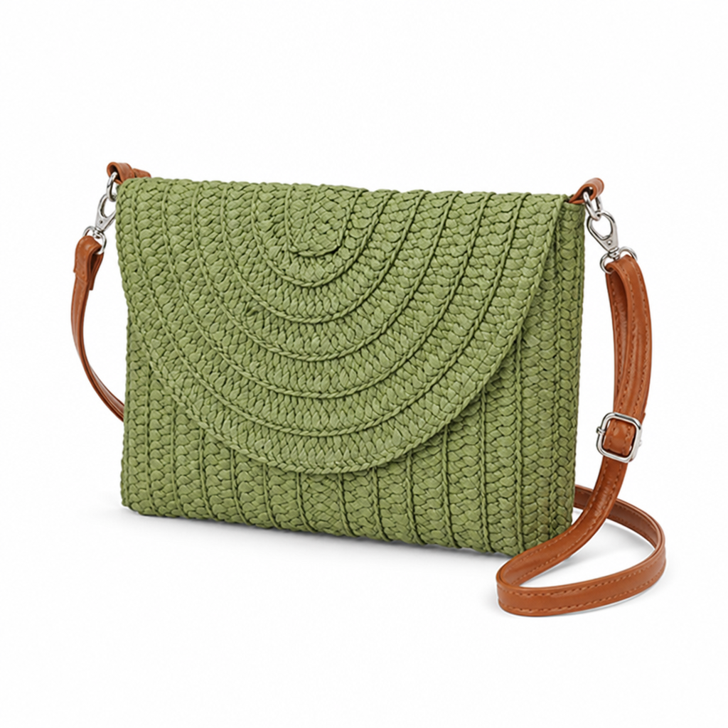 Woven Natural Fiber Round Flap Crossbody Bag (Adjustable Strap)