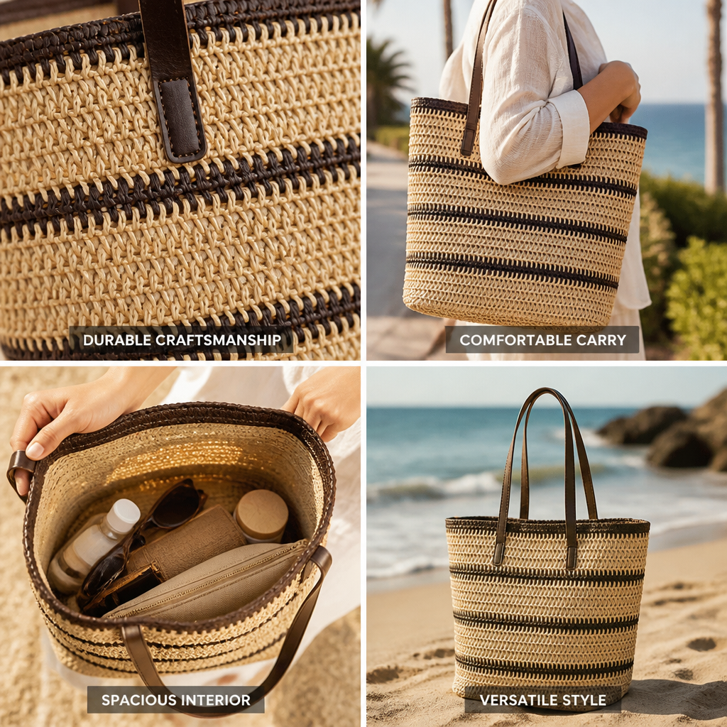 Woven Raffia Leather-Handled Beach Bag