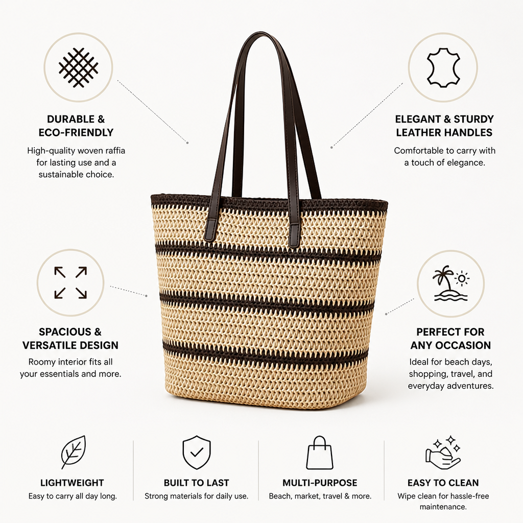 Woven Raffia Leather-Handled Beach Bag