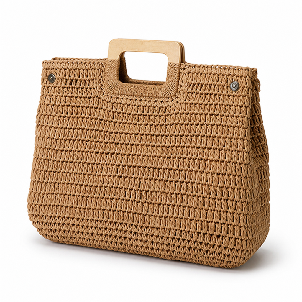 Woven Raffia & Wooden Handle Basket Bag