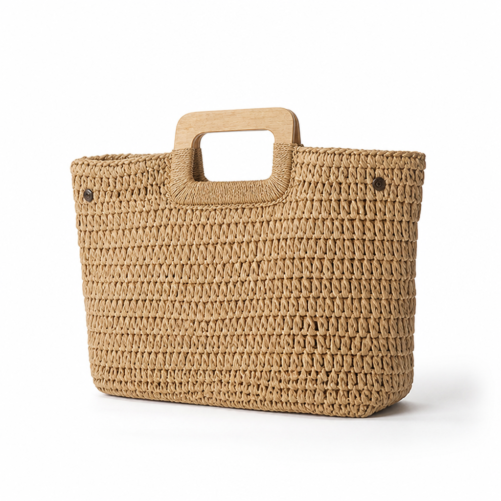Woven Raffia & Wooden Handle Basket Bag