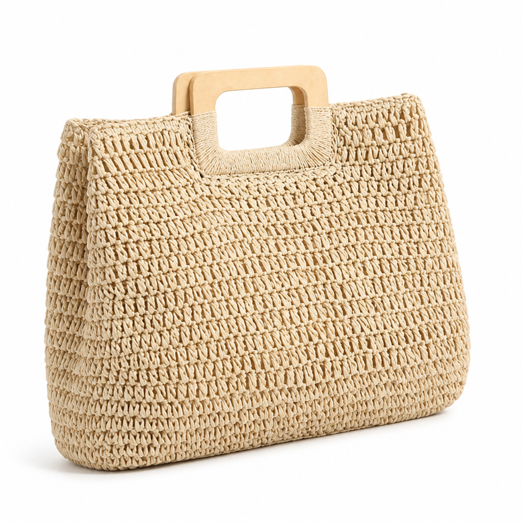 Woven Raffia & Wooden Handle Basket Bag