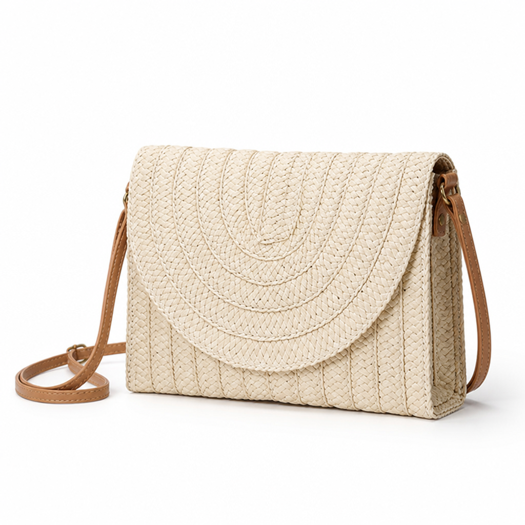 Woven Straw Flap Closure Handbag