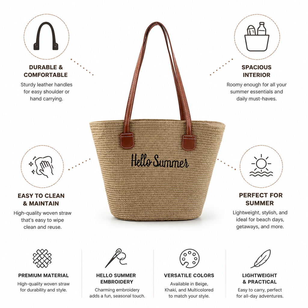 Woven Straw Tote Bag With Leather Handles (Hello Summer Embroidery)