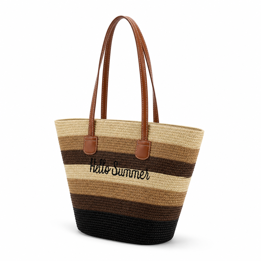 Woven Straw Tote Bag With Leather Handles (Hello Summer Embroidery)