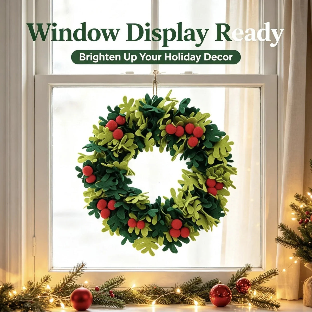 Wreath Felt Holly Leaves & Red Berries Indoor Outdoor