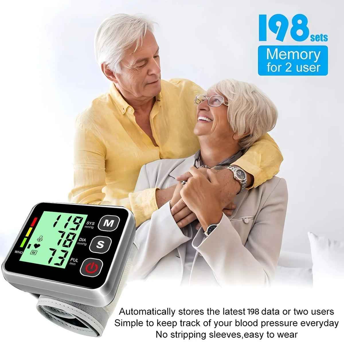 Wrist Blood Pressure Monitor Automatic Cuff Inflation 60-Reading Memory