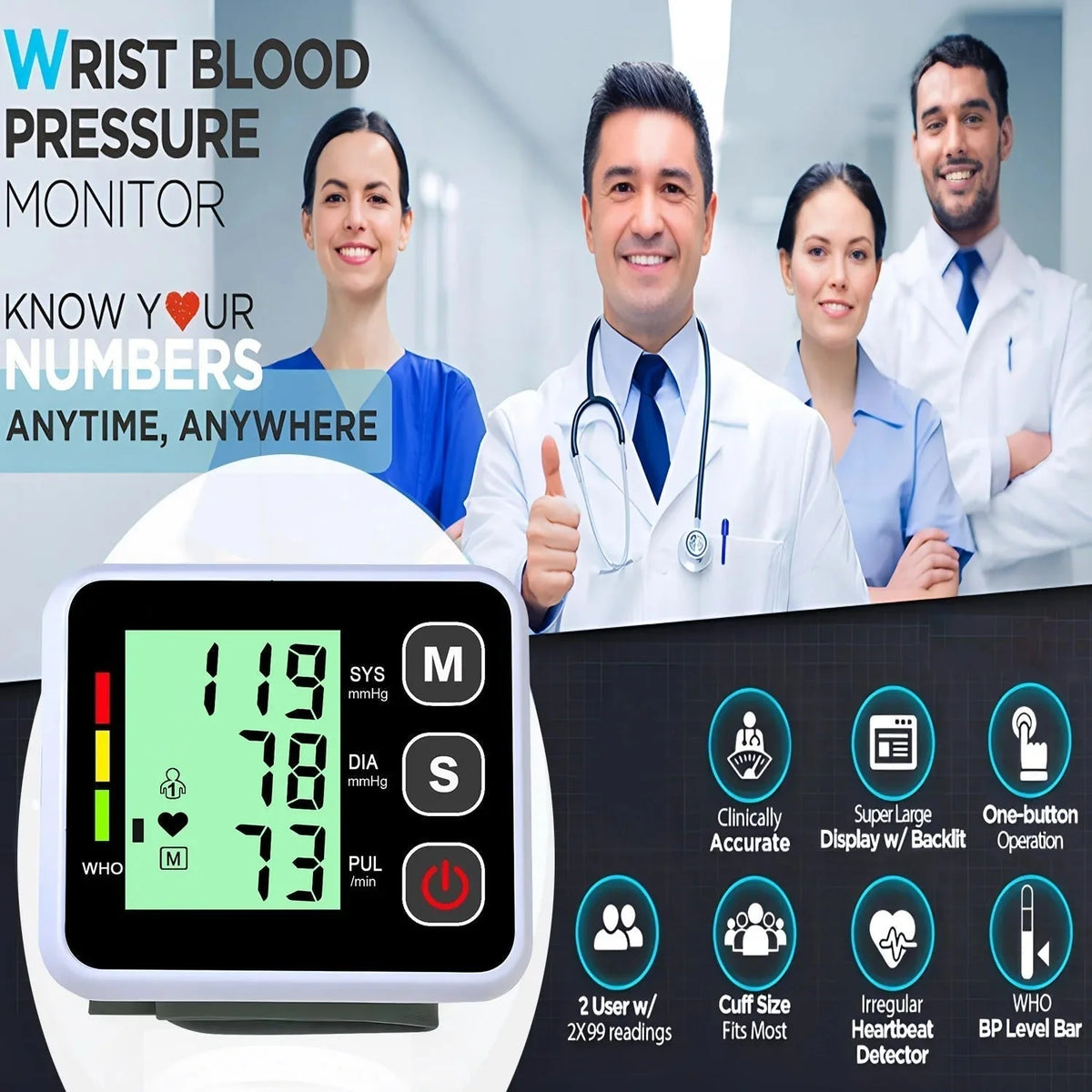 Wrist Blood Pressure Monitor Automatic Cuff Inflation 60-Reading Memory