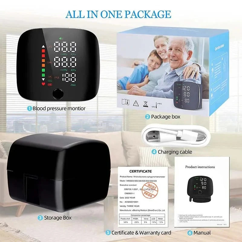 Wrist Blood Pressure Monitor Voice Alerts USB-C Rechargeable