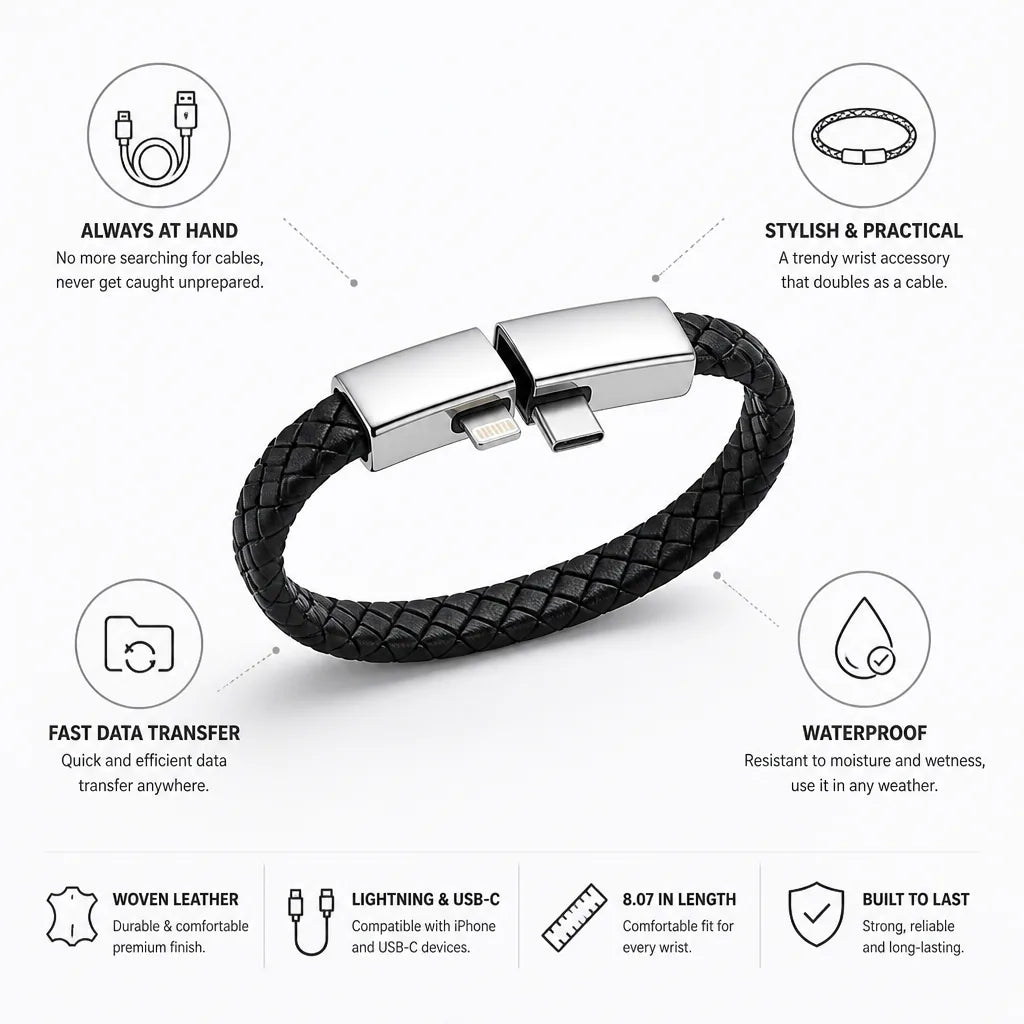 Wristband Charger Lightning & USB-C Woven Leather