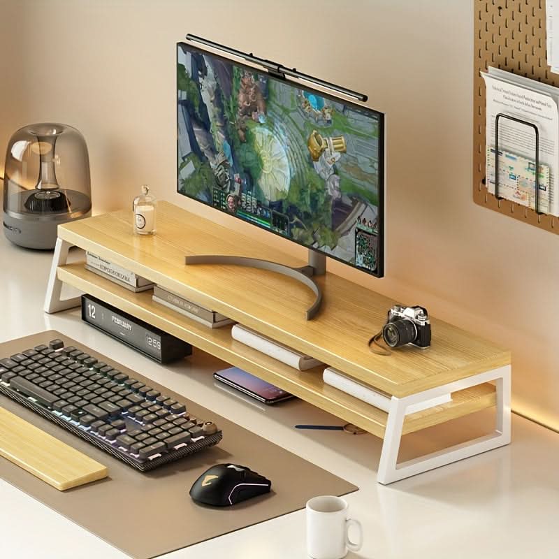 Ergonomic Wooden Monitor Stand with Built-in Storage Solution