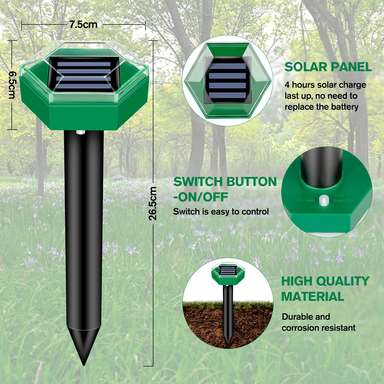4-Pack of Weatherproof Solar Mole Repellers | Easy Installation