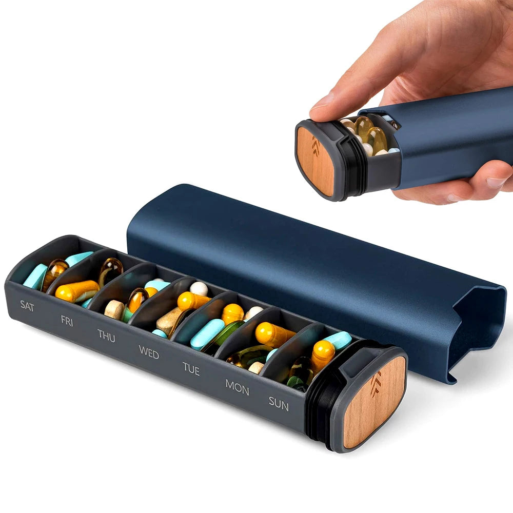 ChicMed Weekly Pill Holder - Stylish Wooden and Aluminum Design