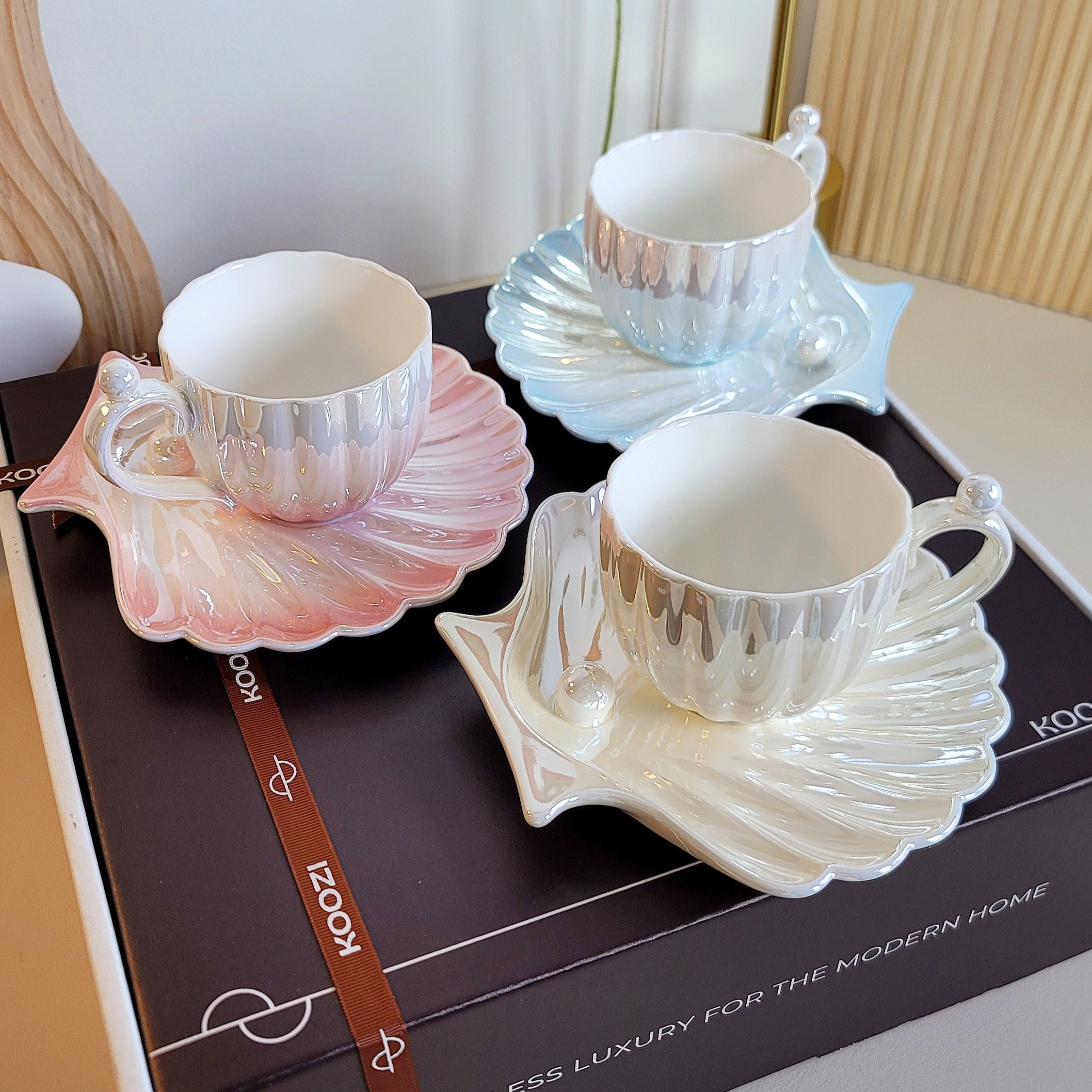 Ocean Pearl Tea Cup Set with Iridescent Finish – Elegant Ceramic Collection