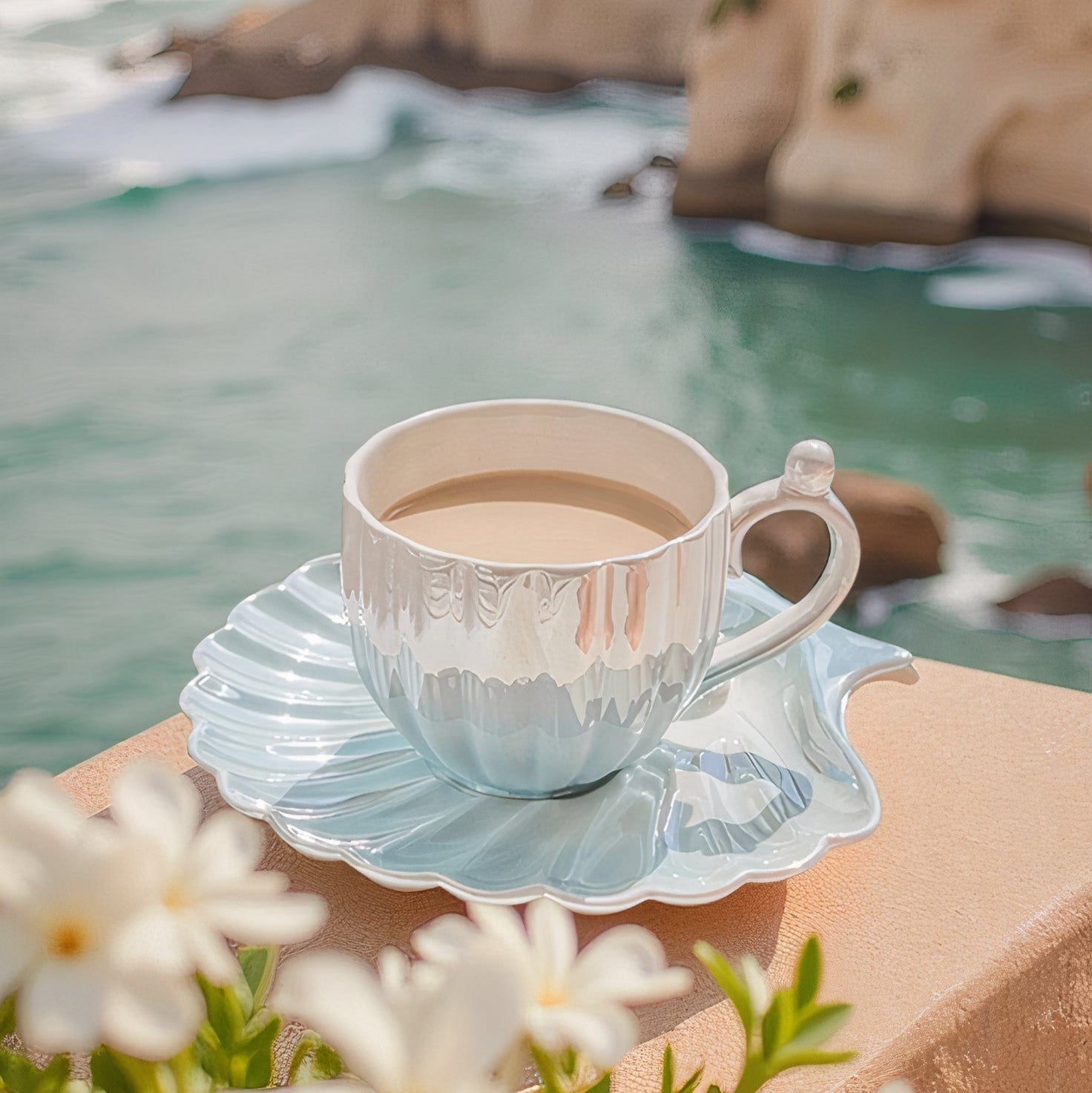 Ocean Pearl Tea Cup Set with Iridescent Finish – Elegant Ceramic Collection