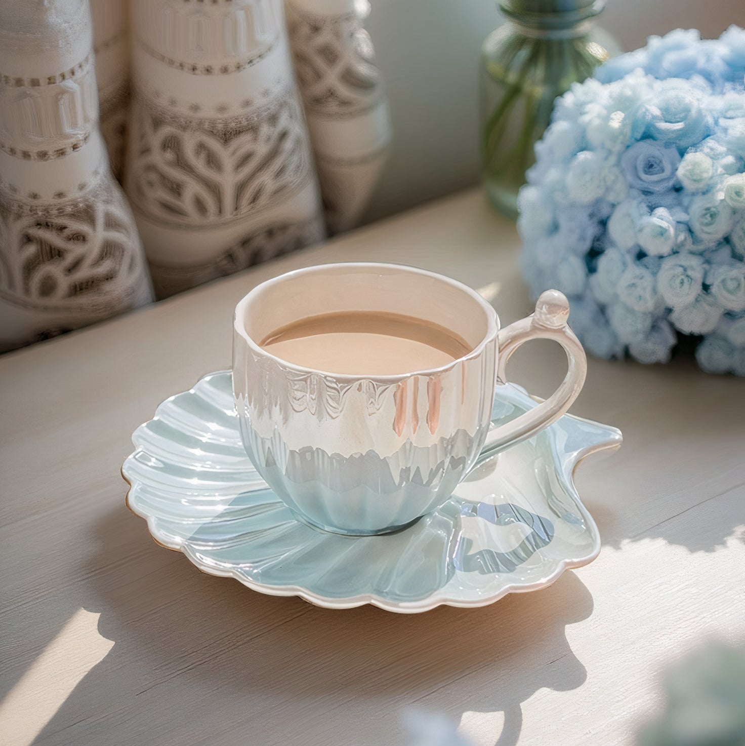 Ocean Pearl Tea Cup Set with Iridescent Finish – Elegant Ceramic Collection