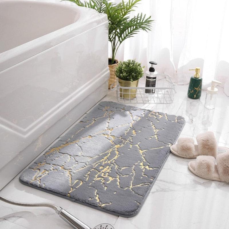 Chic Marble-Style Bath Rug with Elegant Gold Details