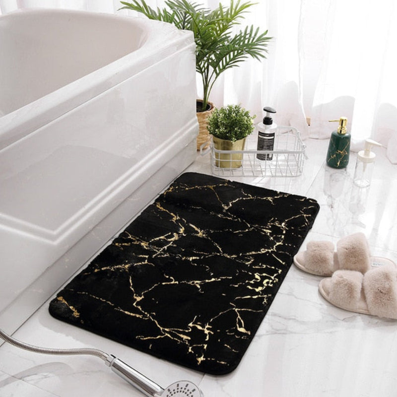 Chic Marble-Style Bath Rug with Elegant Gold Details