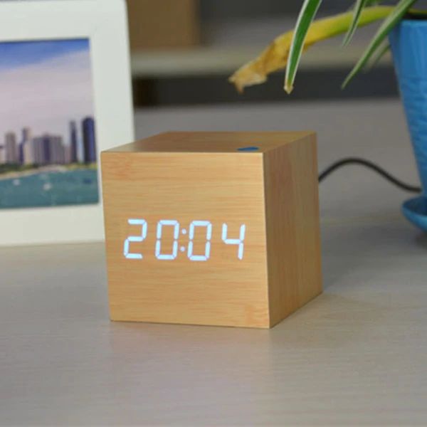 Chic Bamboo Cube Clock – Sleek Digital Timepiece for Any Space