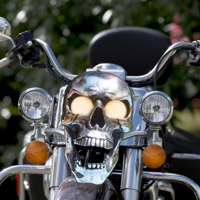 Chrome Finished Skull Headlight with Glowing Eyes – LED Design