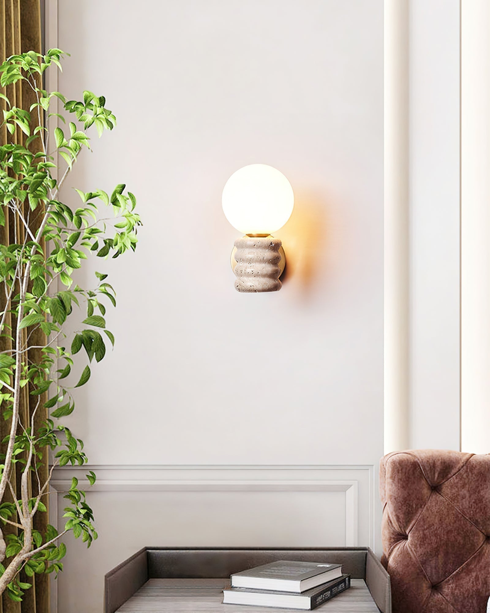 Wall Light Fixture in Travertine with Gold Detailing