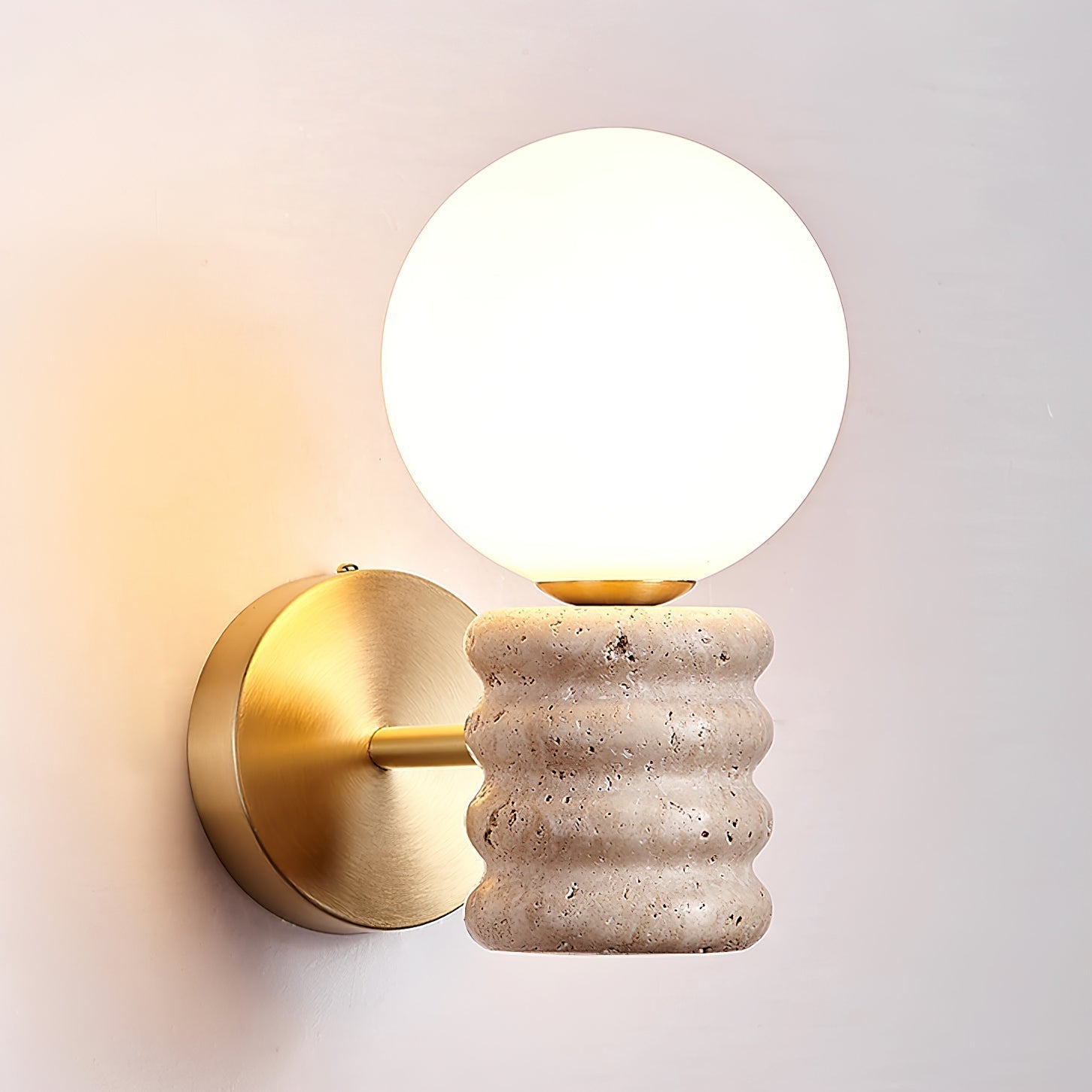 Wall Light Fixture in Travertine with Gold Detailing