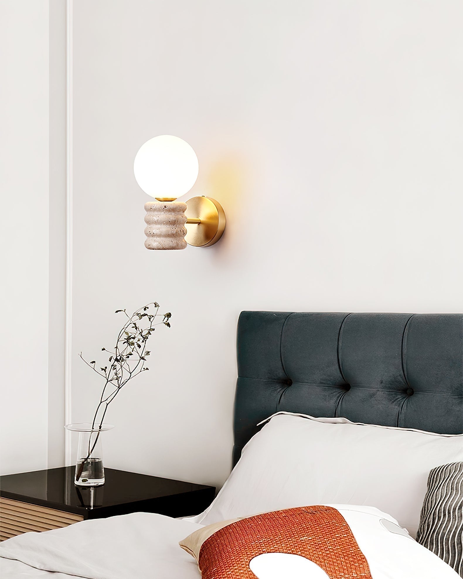 Wall Light Fixture in Travertine with Gold Detailing