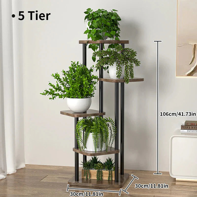 5-Tier Plant Stand – Black Metal Frame and Wooden Shelves