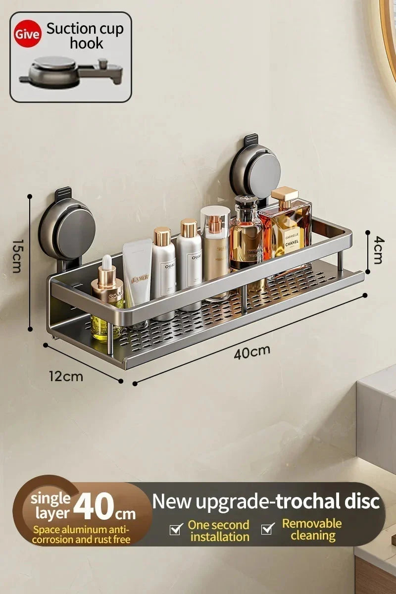 Bathroom Shelf without Drilling – Aluminum with Towel Bar and Hooks