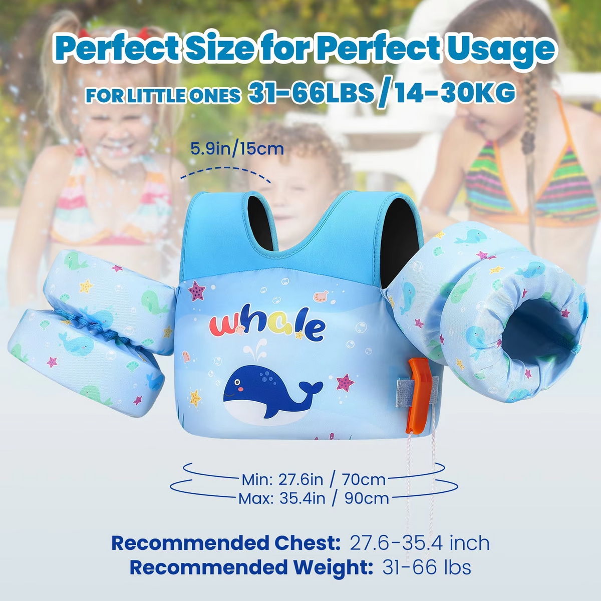 Children's Foam Swim Vest with Arm Floats and Safety Whistle