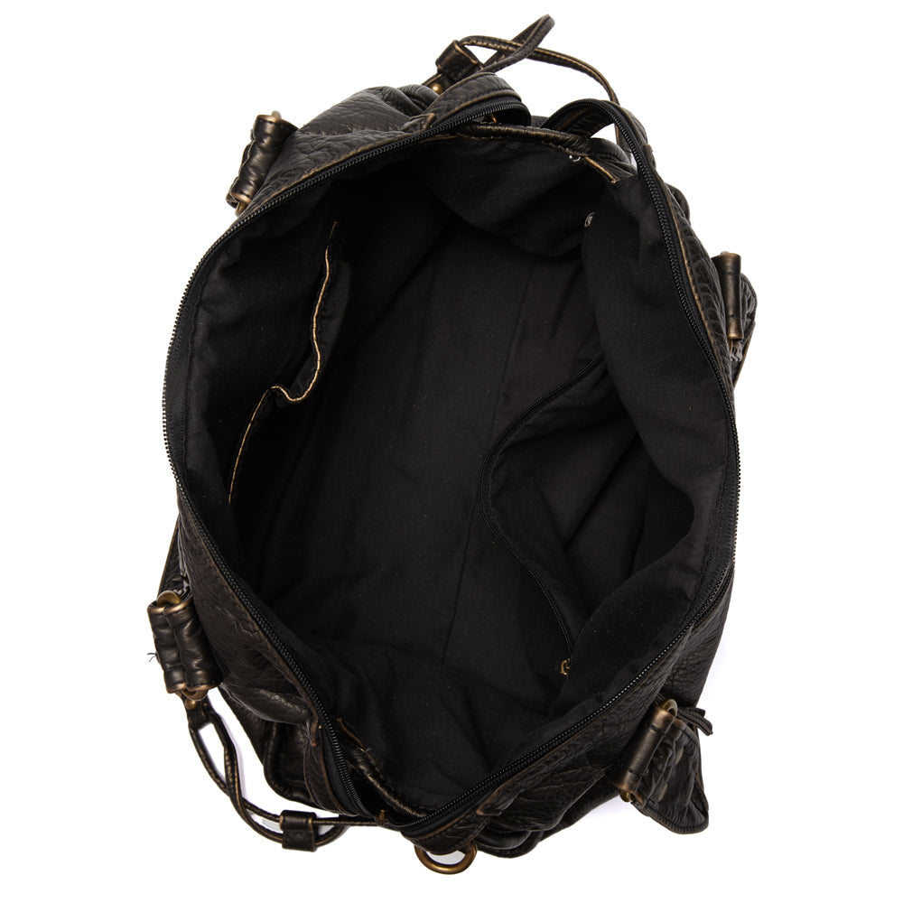 Vintage Washed Black PU Leather Tote Bag with Gold Accents