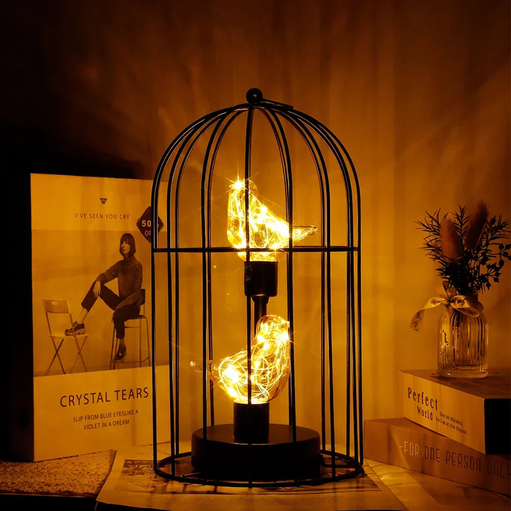 Table Lamp with Metal Birdcage Design and Bird Accent – Warm White Fairy Light