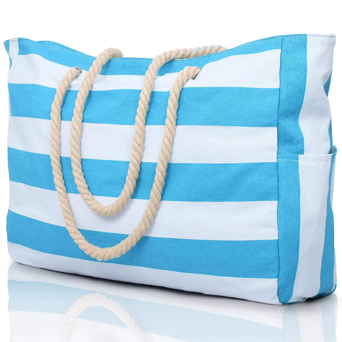 Zippered Canvas Tote Bag with Stripes for Beach Use