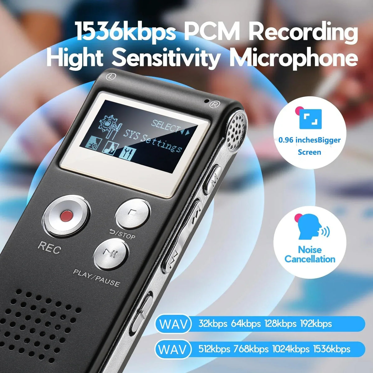 Voice-Activated Digital Recorder with Built-In Speaker and Headphone Port