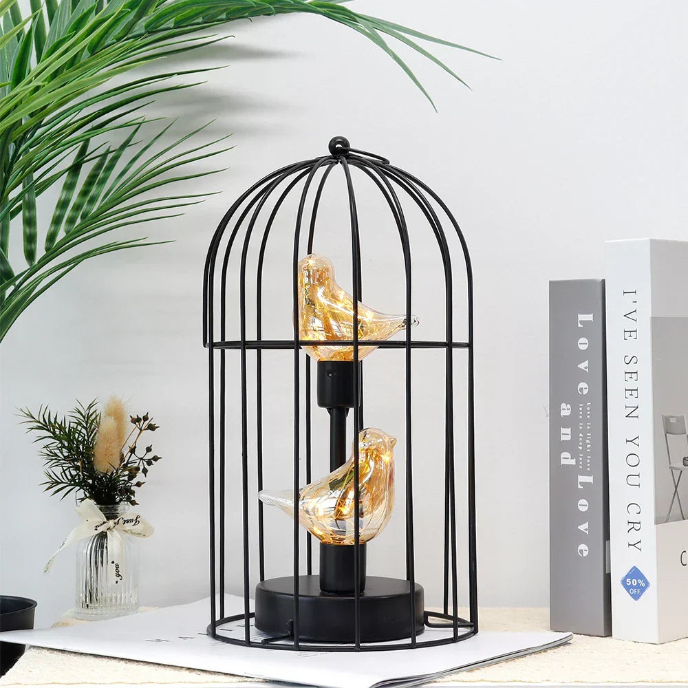 Table Lamp with Metal Birdcage Design and Bird Accent – Warm White Fairy Light