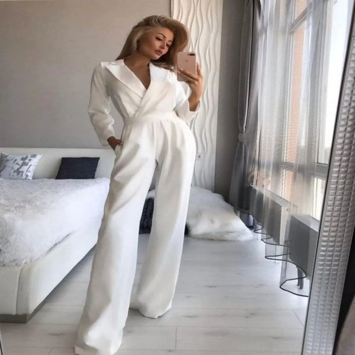 V Neck Long Sleeve Jumpsuit with Back Zipper and Slim Fit