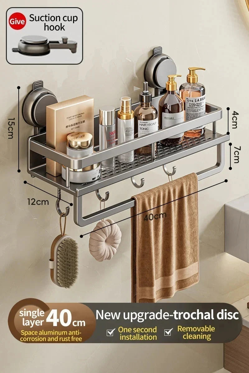 Bathroom Shelf without Drilling – Aluminum with Towel Bar and Hooks