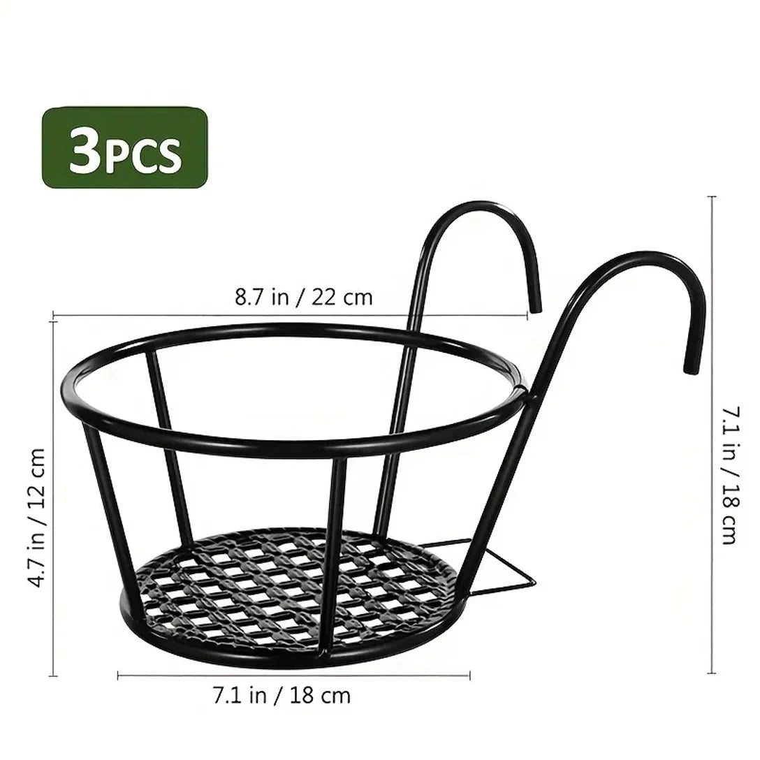 Set of 3 Black Metal Pot Holders with Hooks for Balcony